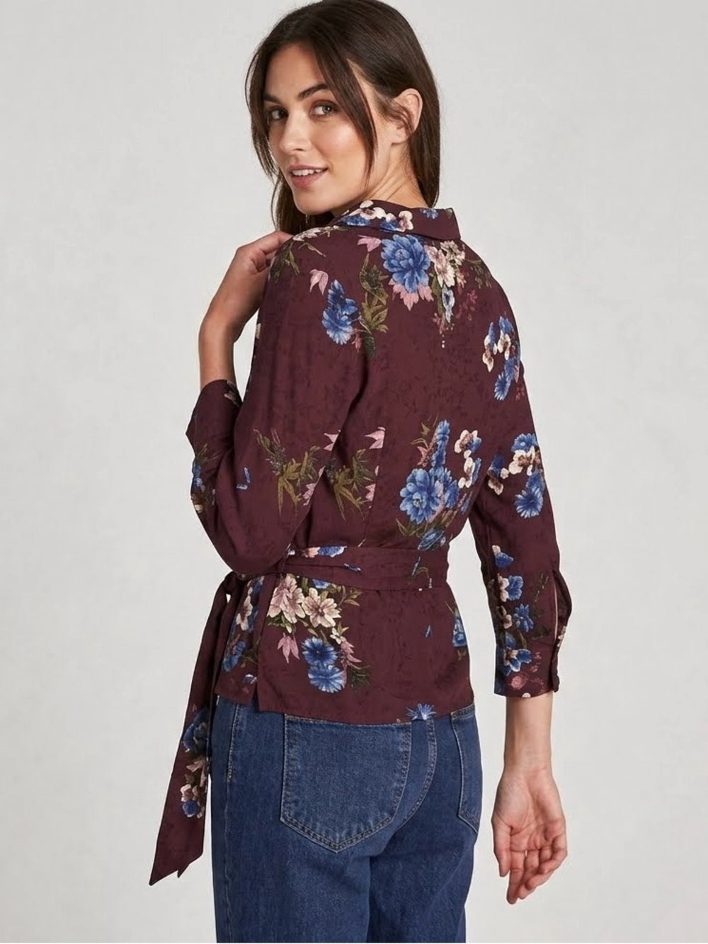 Zara Women's Floral Wrap Long Sleeve Lightweight Blouse Top, Burgundy, Size S - Picture 2 of 11